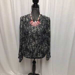 Fever Bomber Jacket Womens Sz Large Black White Speckled Lined Zippered Pockets
